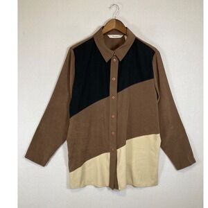 Earthy Western Tanjay Womens L Brown Faux Suede Colorblock Button Front Blouse L